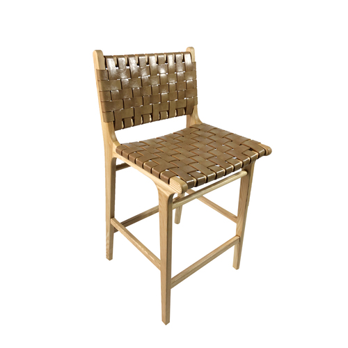 Fabio Woven Leather Strapped Bar Stool With Back - Natural Tan