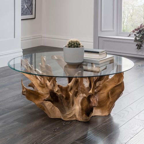 Teak Root Coffee Table With Glass Top - Medium